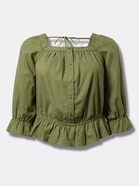 Torrid Cotton Dobby Square Neck Top Olive Green Peasant Blouse Size 3X